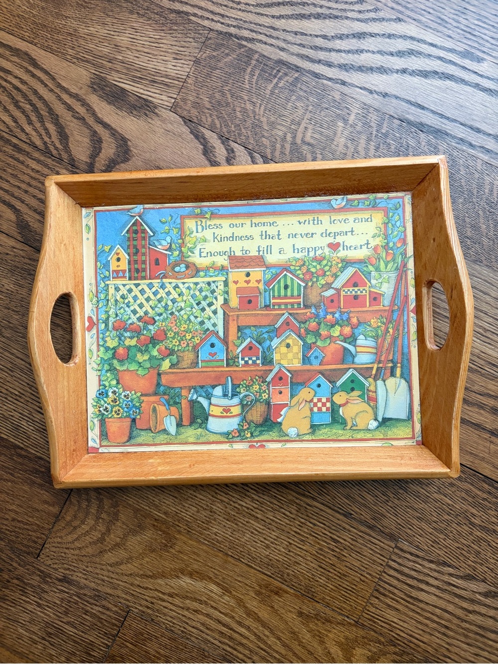 Vintage Wooden Serving Tray Decor Bless Our Home Birdhouse Bunny Cottagecore